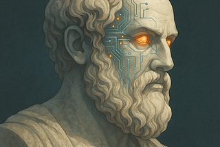 A marble bust of a bearded philosopher with glowing orange eyes and blue circuit patterns etched across one side of his face, symbolizing the fusion of ancient philosophy and artificial intelligence.