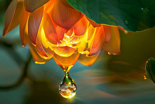 a glowing lotus flower, unfurling upside down, with a water droplet extending from its petals and reflecting the surrounding world