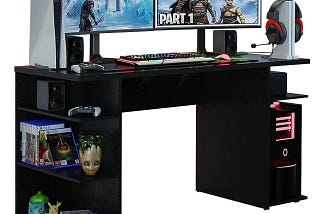 Sleek, Engineered Wood Modern Gaming Desk - 5 Shelves, Cable Management, and Large Monitor Stand - Black | Image
