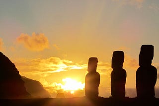 A sunset picture of the large statues on Easter Island