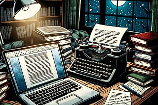 A writers intimate workspace illuminated only by the soft glow of a laptop, surrounded by tools and notes someone deeply immersed in understanding the intricacies of human emotions and complexities.