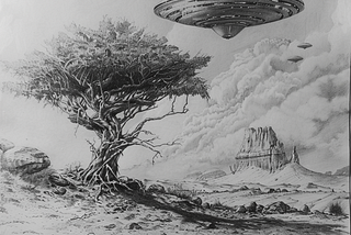 Image of a tree on an alien world with spaceships hovering over it. Image created by author on Midjourney.