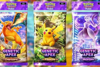 The 3 boosters of the first expansion of Pokémon Trading Cards Game Pocket, representing Charizard, Pikachu and Mewtwo