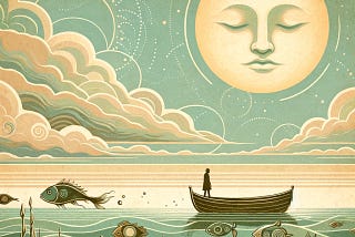A sillouhette of a man stands in a boat on a calm ocean, looking up at a moon with a peaceful face.