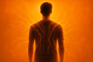 An illustration of a person viewed from behind, glowing with radiant orange and yellow energy lines emanating from their body. The visual symbolizes stored trauma in the nervous system. Overlaid text reads: “The Body Keeps the Score — 5 Physical Signs You’re Still Carrying Trauma.” A representation of somatic trauma and mind-body connection.