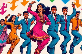 Indian professionals dancing Macarena, representing career growth stages