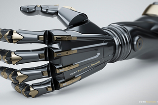 3D rendering of a bionic arm inspired by Deus Ex, black with gold elements