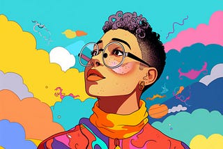 A colourful illustration of a young non-binary person with short purple hair wearing glasses and a colourful jacket.