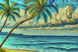 Tropical beach with palm trees and waves breaking on the sand.