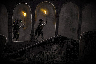 Two men in medieval clothing holding torches descend into a dark dungeon.