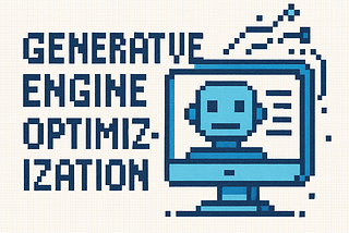 A pixel art illustration with the phrase “GENERATIVE ENGINE OPTIMIZATION” in bold dark navy letters on a white background. To the right, a pixelated computer monitor displays a simple blue robot face and horizontal lines resembling text. Pixel-style circuit lines emerge from the screen, symbolizing digital connectivity and technology.