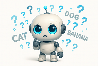 3D-rendered image of a cute robot with large blue eyes and a puzzled expression, surrounded by floating question marks and words like “cat,” “dog,” and “banana” on a white background.