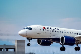 A Delta Airlines jet taking off.