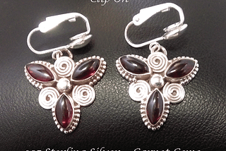 Clip On Earrings, Sterling Silver, Garnet Gemstones, Unique Style