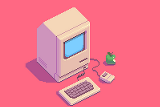 Illustration of a retro computer in a pink desk, with keyboard, mouse, and an eaten apple