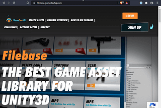 Filebase front page, where to log in or sign up and where to find assets once logged in.