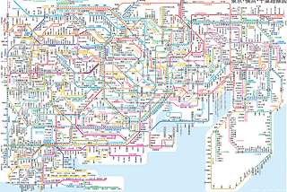 A detailed map of the many, many subway routes in Tokyo.