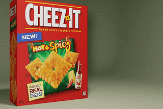 Animation where a hot sauce bottle, two peppers, 1 cheese block and three Cheez-It Hot & Spicy pop out of the Cheez-It box onto a plate.