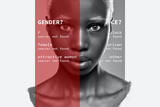 A portrait of a Black woman looking into the camera lens. An animated gif switches between the labels for “Gender” and “Race.