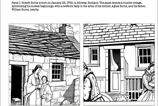 An eight-frame animation. Each frame has a brief description of a period in the life of Robert Burns, and two images illustrating this text.