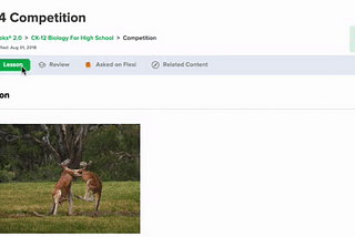 A gif showing the core lesson, review, questions, and related content available for CK-12 FlexBook® 2.0 science lessons.