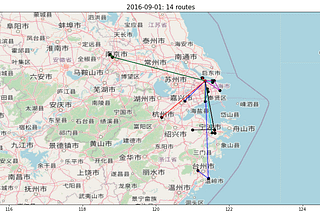 Animated geographical map of a region in China showing delivery routes for September 1, 2016 generated with Python. The map features 14 routes marked with colored lines connecting different cities, representing the delivery paths taken by trucks. The background includes city names, roads, and coastline features. The title at the top reads “2016–09–01: 14 routes,” highlighting the number of routes operated that day. The lines illustrate how deliveries are grouped geographically.