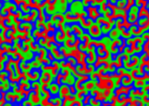 The Belousov-Zhabotinsky Reaction from thermodynamics, swirling red, green and blue shapes.