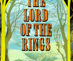 A book cover with stylized yellow trees on both sides framing a peaceful pastoral image showing rural area. There is a small group of people in the foreground on top of a hill.