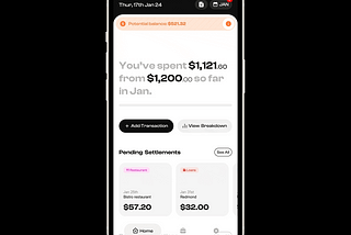 Home screen animation of finance tracker showing dynamic expense distribution. Displays potential balance (upon debt settlement to user). Also shows pending debt reminders and live-updating spending categories across user profiles.
