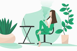 A motion graphic by Emma Parker of a girl sitting in an office chair in front of a laptop holding a cup of coffee.