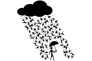 Cartoon of a person walking beneath an umbrella while cats and dogs fall from a cloud