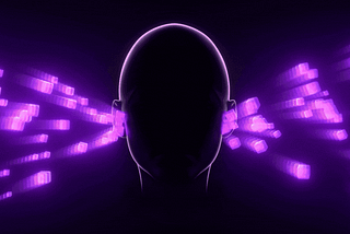 Animating gif of a human’s head on a black and purple dark background. There are purple glowing blocks floating through the air from left to right, entering the head’s left ear and coming out of the right ear. The blocks are meant to represent the blockchain.