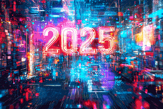 An infinite forward tracking shot in an cyberpunk city lights with the year 2025 written in neo lights in the middle.