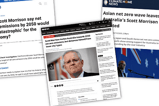 Animated gif showing more than a dozen headlines from various media organisations connecting Morrison to net zero.