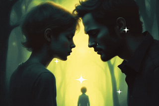 two people with their head together having a conflict with the image of a child between them