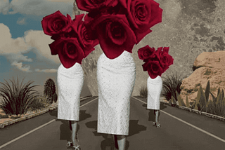 An animated GIF from Isabel Chira showing three women with roses overlaid on their upper bodies walking on the road.