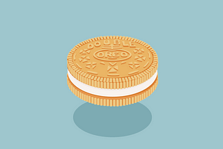 Ilustração de um biscoito com massa na cor bege e recheio na cor branca, em gif animado, que se expande, dividindo-se em 3 partes, sobreposto em um fundo azul. Na massa do biscoito, lê-se, em caixa alta, as palavras "double oreo".