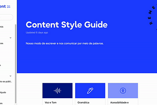 Navegação pelas página do Content Style Guide da Remessa Online.
