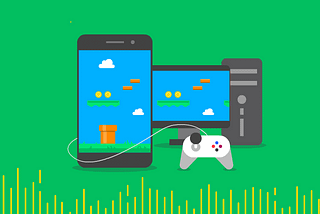 GIF of phone and computer with game playing on screen. Green background