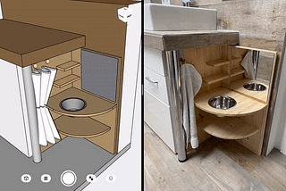 Darstellung des fertigen Holz-Waschtischs sowie der 3D Zeichnung mit Shapr3D.