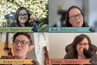 Four people are on screen: Christie (Druid), Ash (DM), Evie (Bard), and Kerrie (Fighter) and they are all seen celebrating in various ways: smiling, clapping, and laughing.