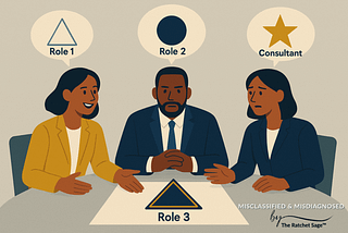 Three people sit at a table discussing how to put the right people in place for their current business challenges. Speech bubbles show what they are secretly hoping for, with Person 1 wanting New Role 1 depicted by a hollow triangle, Person 2 wanting New Role 2 depicted by a solid deep blue circle, and Person 3 seeking and sharing about a Consultant while not advocating for one due to fear of going against status quo. Their final choice was an New Role 3 that combined everything into one role.