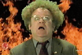 A gif of Dr. Steve Brule, a fictional character from Tim and Eric Awesome Show Great Job, panicking in front of a flaming background.