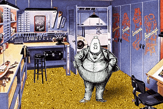 A vintage rec-room with hobby equipment. Its floor is animated gold glitter. Posed within it is a male human figure whose head has been replaced with a money-bag.