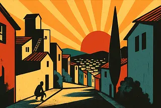 A brightly colored illustration of a sun setting on a village with a silhouette of a man looking out to the horizon down a street.