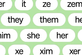 zoomed in pronoun tags on a green background