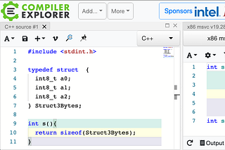 A screenshot of godbolt.com showing that the assembly code for sizeof(Struct3Bytes) is returning 3 in the return register.