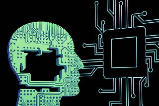 An android’s head, drawn in profile at the left — in green, with wiring lines — has a large rectangular gap where part of its brain circuitry would be. The android appears to stare at the outline of an oversized integrated circuit floating to the right.