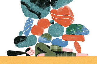 An animated GIF of a woman lying down on her side with a pile of rocks lumped on to her body.