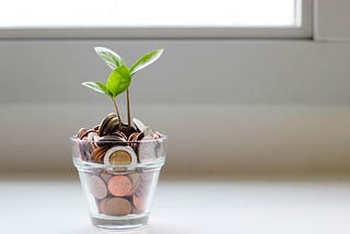 A plant sprouting from a cup filled with coins.